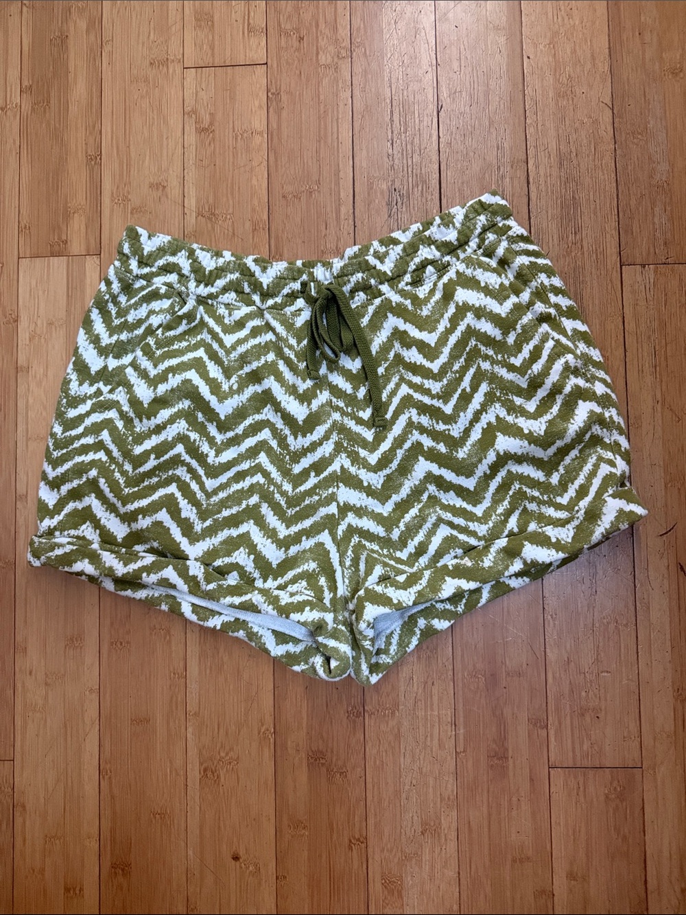 Anthropologie Olive and White Chevron Terry Shorts
